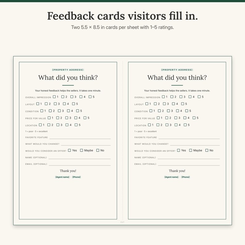 Landscape sheet with two visitor feedback cards with 1 to 5 ratings and open questions