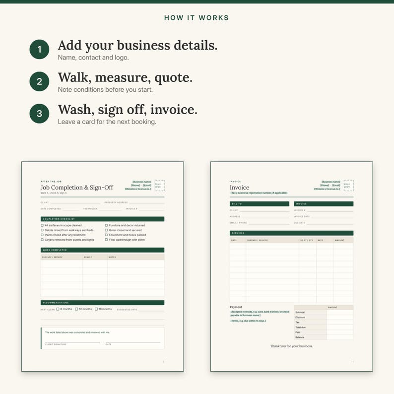 Three steps: add your business details, walk, measure and quote, then wash, sign off and invoice