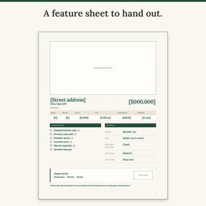 Property feature sheet with photo space, price, key facts, highlights and agent contact block