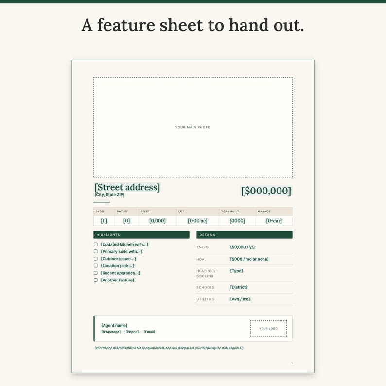 Property feature sheet with photo space, price, key facts, highlights and agent contact block