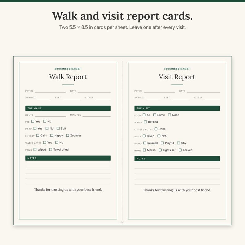 Landscape sheet with a walk report card and a visit report card side by side with a cut line