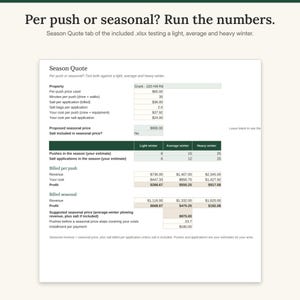 Season Quote tab of the spreadsheet comparing per-push and seasonal billing in a light, average and heavy winter with profit for each