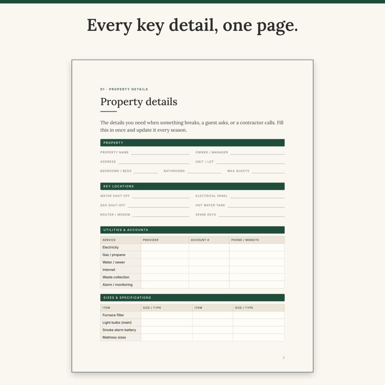 Property details page with key locations, utility accounts and filter and bulb sizes