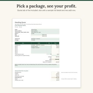Quote tab of the spreadsheet with a sample full detail, two add-ons, travel fee, total and internal profit check