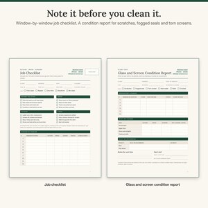 K&ouml;nnte beinhalten: Ein Formular f&uuml;r eine Fensterreinigungs-Checkliste und einen Glas- und Siebzustandsbericht. Die Dokumente haben dunkelgr&uuml;ne Kopfzeilen, organisierte Tabellen zur Nachverfolgung des Fensterstatus und Felder f&uuml;r Kundendaten und Gesch&auml;ftsnotizen.