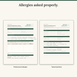 Client preference form with allergy severity table next to the tastes and preferences page