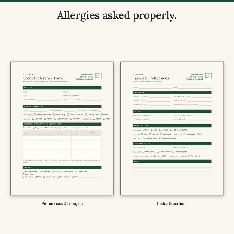 Client preference form with allergy severity table next to the tastes and preferences page