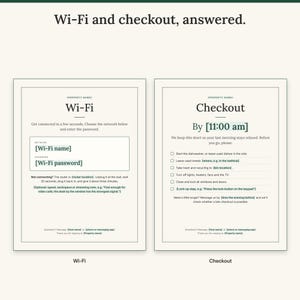 Wi-Fi sign with network and password fields next to the Checkout sign with a six-item checklist