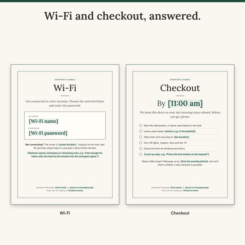 Wi-Fi sign with network and password fields next to the Checkout sign with a six-item checklist