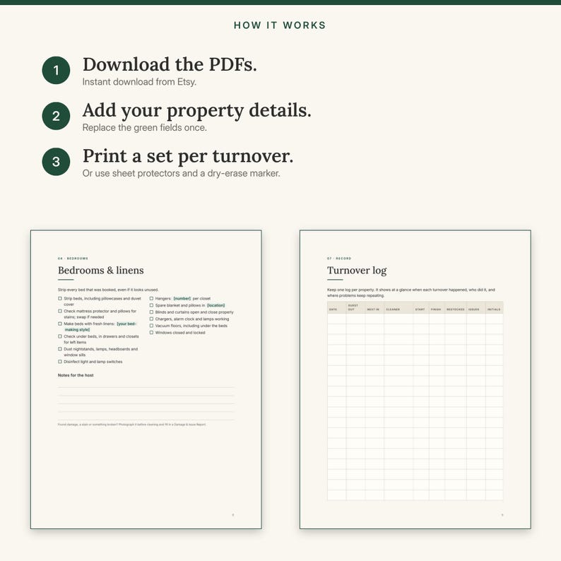 Three steps: download, add your property details, print a set for each turnover