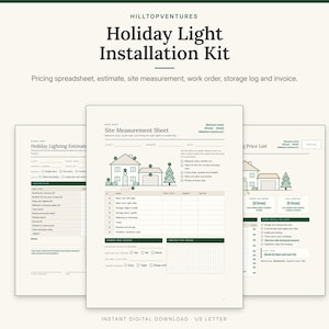 Holiday Light Installation Kit cover showing the site measurement sheet with a lettered house outline in front of the estimate and price list