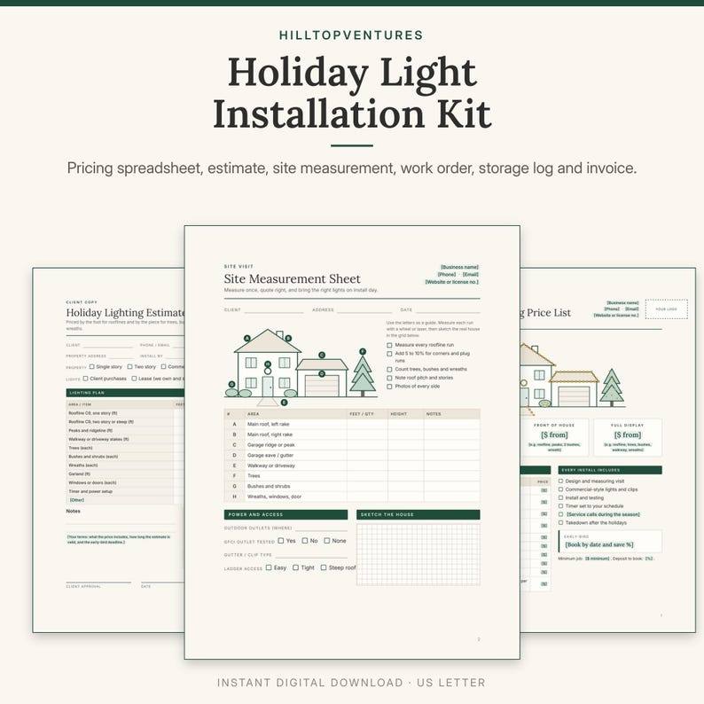 Holiday Light Installation Kit cover showing the site measurement sheet with a lettered house outline in front of the estimate and price list