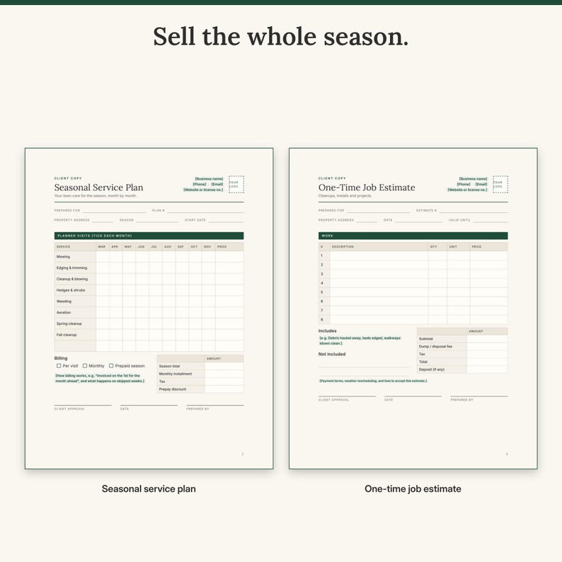 Seasonal service plan with month columns next to a one-time job estimate
