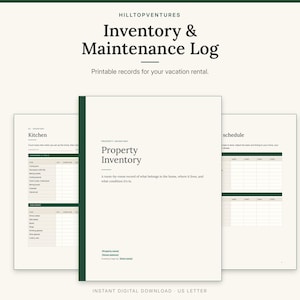 Inventory and Maintenance Log cover with the printable kitchen inventory page and the maintenance schedule