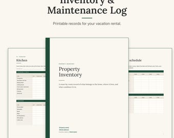 Op de afbeelding: Een digitaal inventaris- en onderhoudslogboek voor vakantiewoningen met een crèmekleurige achtergrond en donkergroene accenten. Het document bevat pagina's met de titels Property Inventory, Kitchen en Schedule met velden voor bijhouding.