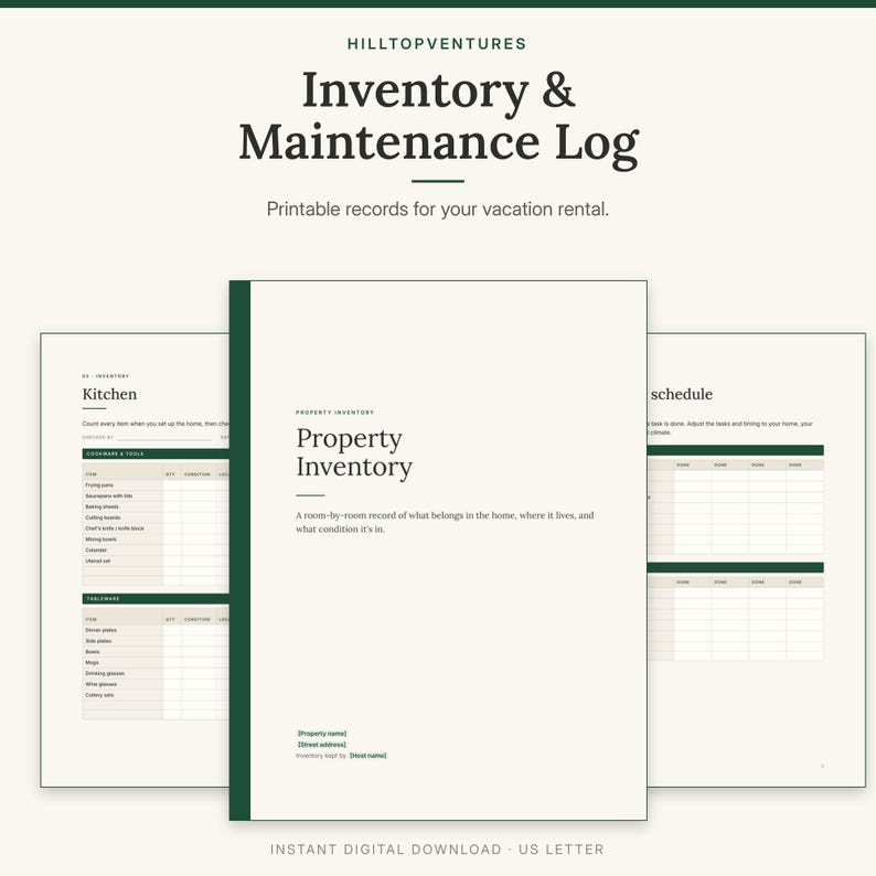 Inventory and Maintenance Log cover with the printable kitchen inventory page and the maintenance schedule