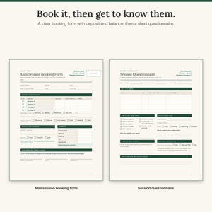 Mini session booking form with package choice, deposit and balance next to the session questionnaire with family members, shot wishes and outfit colors