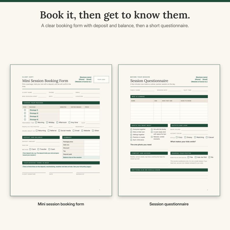 Mini session booking form with package choice, deposit and balance next to the session questionnaire with family members, shot wishes and outfit colors