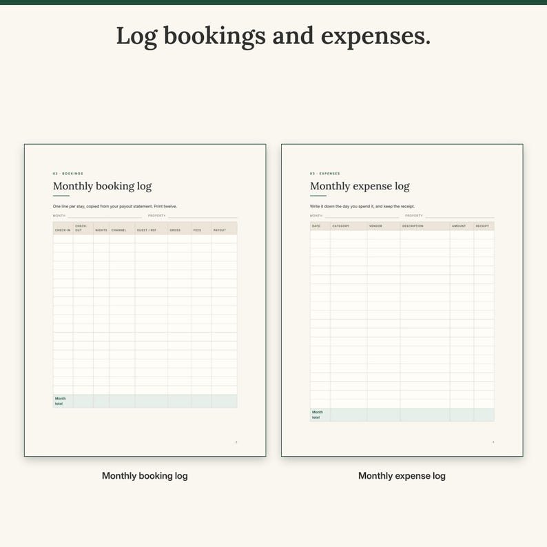 Printable monthly booking log next to the monthly expense log