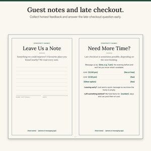 US Letter sheet with a Leave Us a Note card and a Need More Time late checkout card