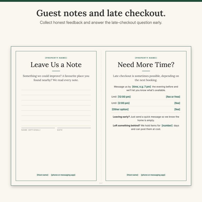 US Letter sheet with a Leave Us a Note card and a Need More Time late checkout card