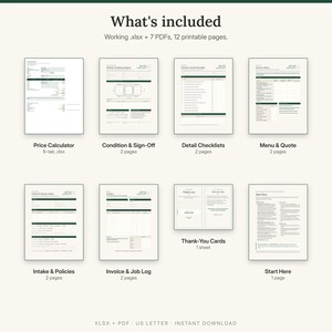 What is included: price calculator spreadsheet, condition report and sign-off, detail checklists, menu and quote, intake and policies, invoice and job log, thank-you cards, Start Here