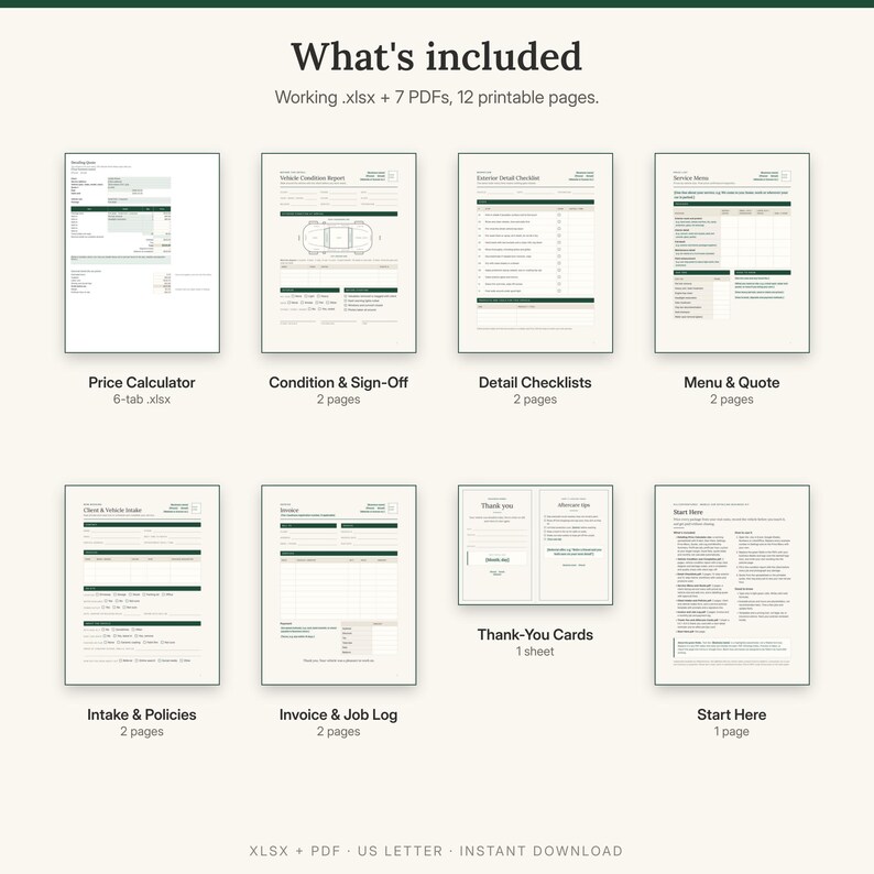 What is included: price calculator spreadsheet, condition report and sign-off, detail checklists, menu and quote, intake and policies, invoice and job log, thank-you cards, Start Here