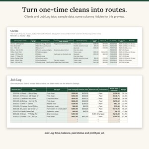 K&ouml;nnte beinhalten: Eine digitale Tabellenkalkulation mit dem Titel Turn one-time cleans into routes, die zwei Tabellen namens Clients und Job Log zeigt. Die Tabellen enthalten Spalten f&uuml;r Kundennamen, Servicedaten, Auftragsarten, Geb&uuml;hren und Gewinnspannen.