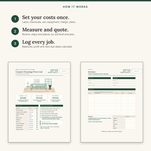 Three steps: set your costs once, measure and quote, then log every job, shown with the price list and invoice