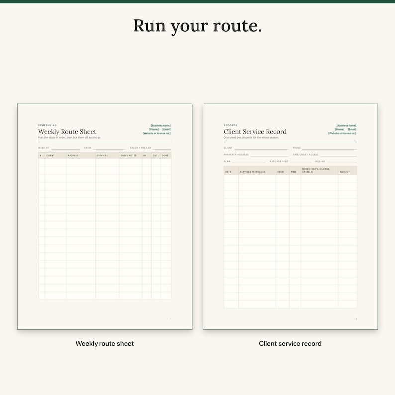 Weekly route sheet with stop order and gate notes next to the client service record