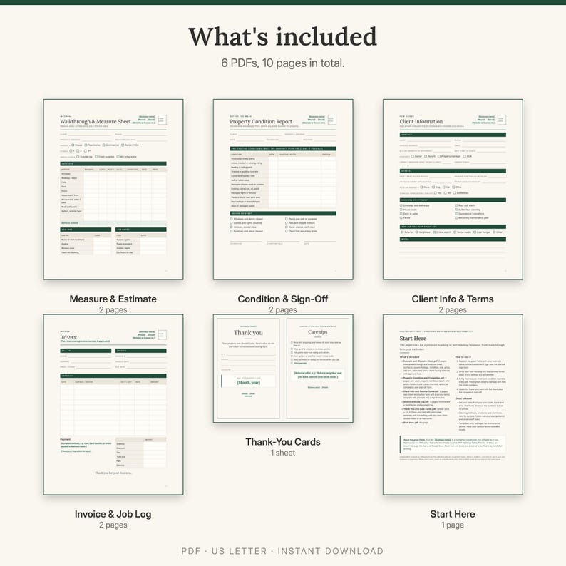 What is included: measure sheet and estimate, condition report and sign-off, client info and terms, invoice and job log, thank-you cards, Start Here