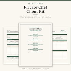 Private Chef Client Kit cover showing the plated dinner menu template in front of the client preference form and event planning sheet