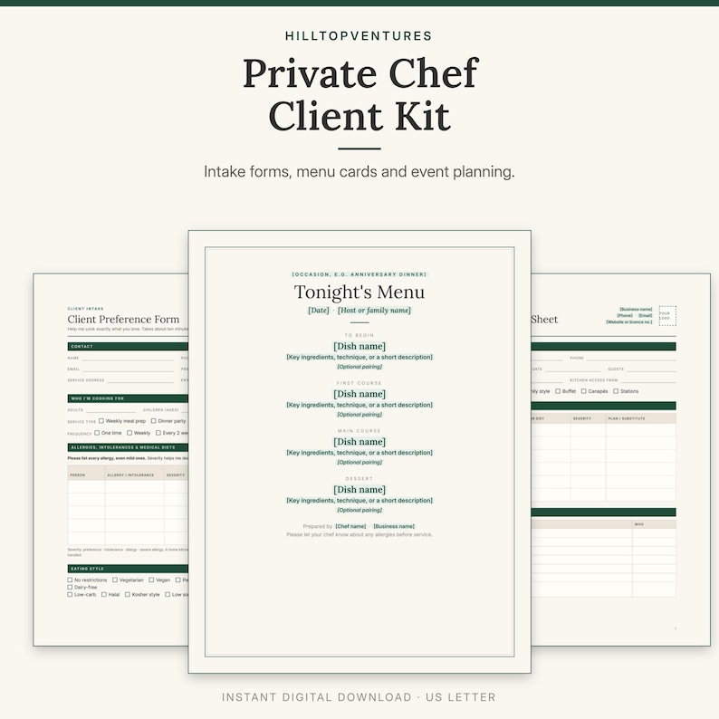 Private Chef Client Kit cover showing the plated dinner menu template in front of the client preference form and event planning sheet