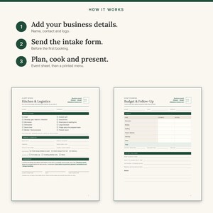 Three steps: add your business details, send the intake form, plan, cook and present