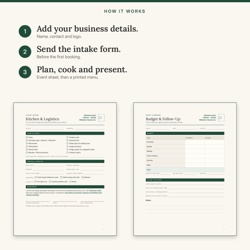 Three steps: add your business details, send the intake form, plan, cook and present