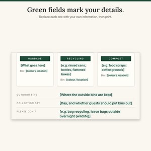 Close-up of the Trash and Recycling sign showing green highlighted placeholder fields