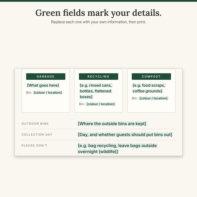 Close-up of the Trash and Recycling sign showing green highlighted placeholder fields