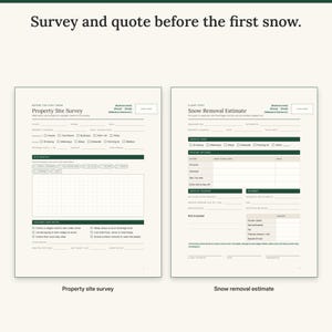 Property site survey with a sketch grid and marker legend next to the snow removal estimate with pricing options and trigger depth