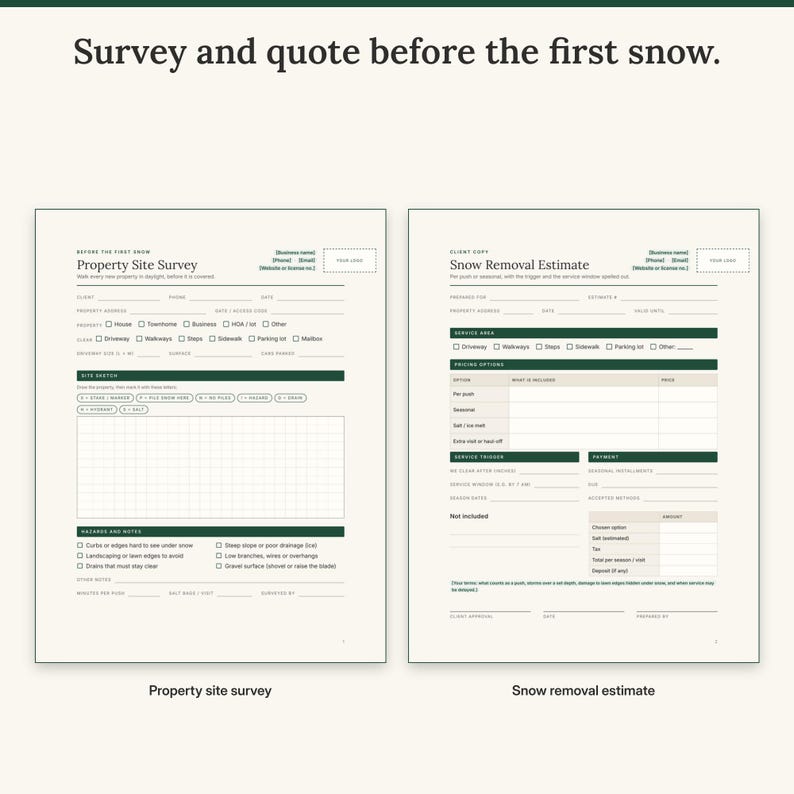 Property site survey with a sketch grid and marker legend next to the snow removal estimate with pricing options and trigger depth