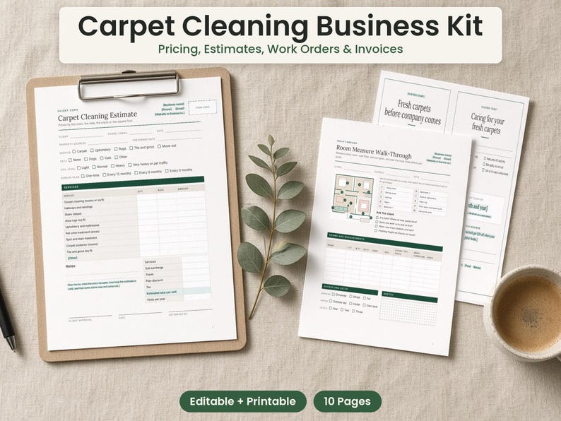 Kit para empresas de limpieza de alfombras: hoja de cálculo de precios, presupuesto, orden de trabajo, factura (descarga digital). imagen 1