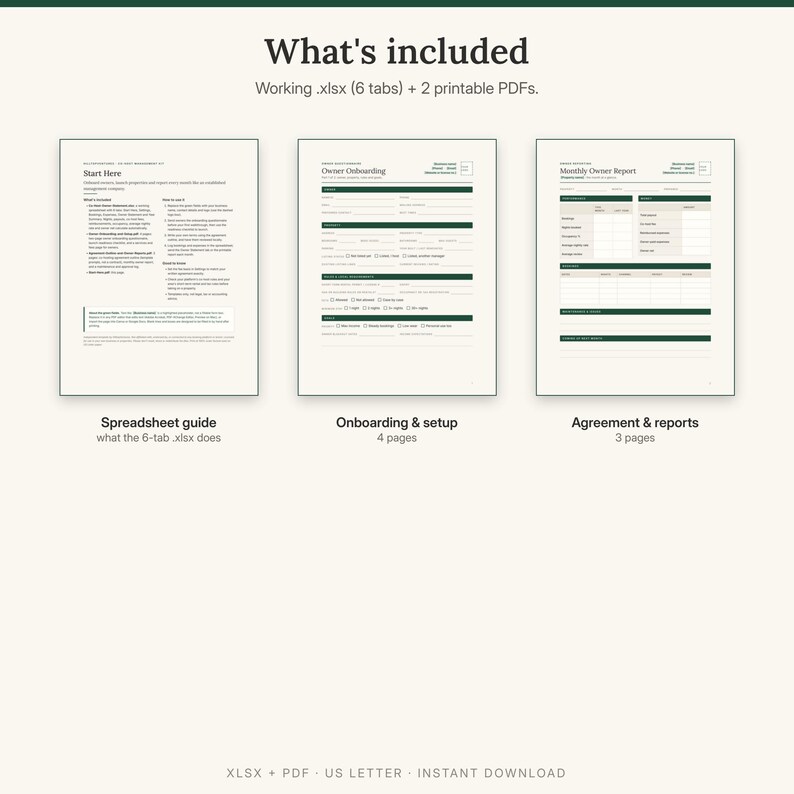 What is included: spreadsheet guide, owner onboarding and setup forms, agreement outline and owner reports