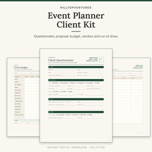 Event Planner Client Kit cover showing the client questionnaire in front of the event budget and run of show
