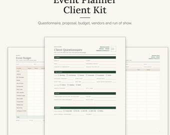 Könnte beinhalten: Ein Eventplaner-Kundenkit mit Fragebogen, Angebot, Budget, Anbietern und Ablaufplan. Das Dokument enthält Abschnitte für Kundendaten, Veranstaltungsart, Stil und Budget, mit dunkelgrünen Überschriften auf einem cremefarbenen Hintergrund.