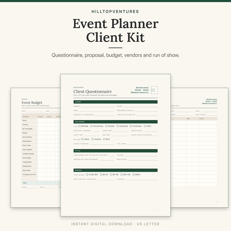 Event Planner Client Kit cover showing the client questionnaire in front of the event budget and run of show