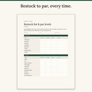 Restock list with par level, on hand and need columns for bathroom and kitchen supplies