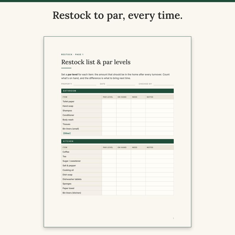 Restock list with par level, on hand and need columns for bathroom and kitchen supplies