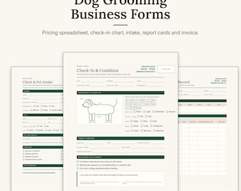 Könnte beinhalten: Ein Set von Geschäftsformularen für die Hundepflege, bestehend aus einem Aufnahmeformular, einem Check-in-Formular mit einer Hunde-Skizze und einem Protokollblatt. Die Dokumente haben dunkelgrüne Kopfzeilen und schwarzen Text.