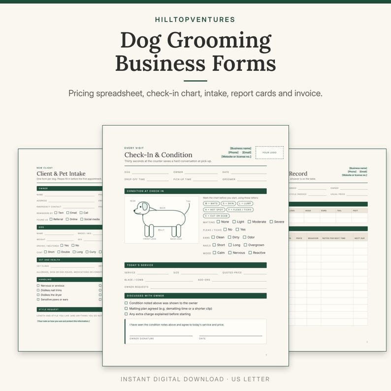 Dog Grooming Business Forms cover showing the check-in form with a dog body chart in front of the intake form and groom history