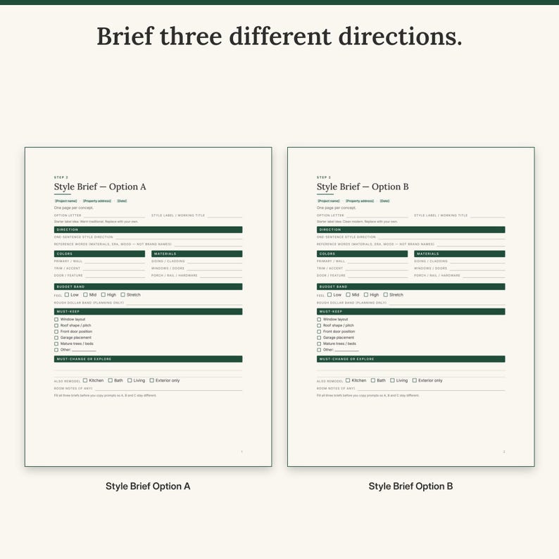 Style Brief Option A next to Style Brief Option B with materials, colors and must-keep features