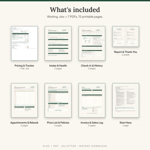 What is included: grooming pricing and client tracker spreadsheet, intake and health record, check-in and groom history, report and thank-you cards, appointments and rebooking, price list and policies, invoice and sales log, Start Here